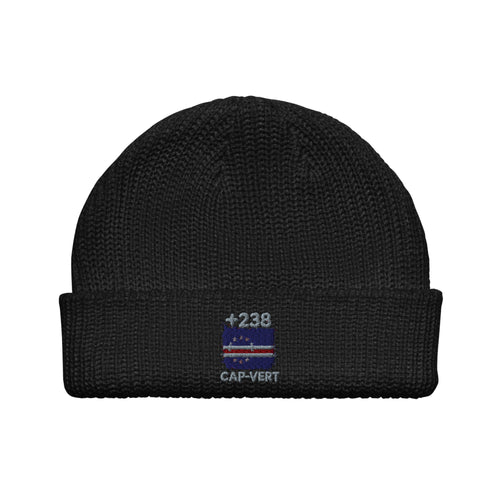 Bonnet Cap-Vert +238 noir vue de face, drapeau cap-verdien brodé - Indicatif Fier