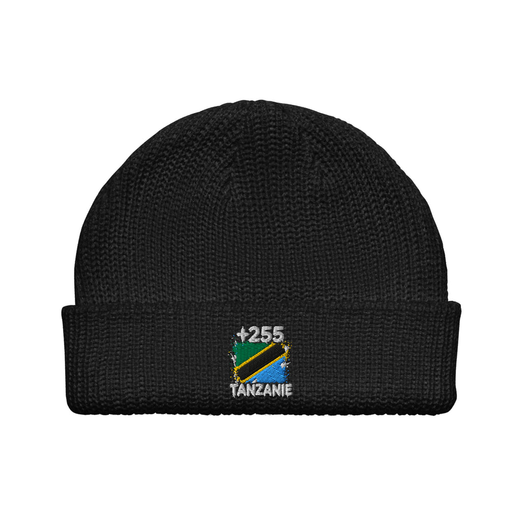 Bonnet Tanzanie +255 noir vue de face, drapeau tanzanien brodé - Indicatif Fier