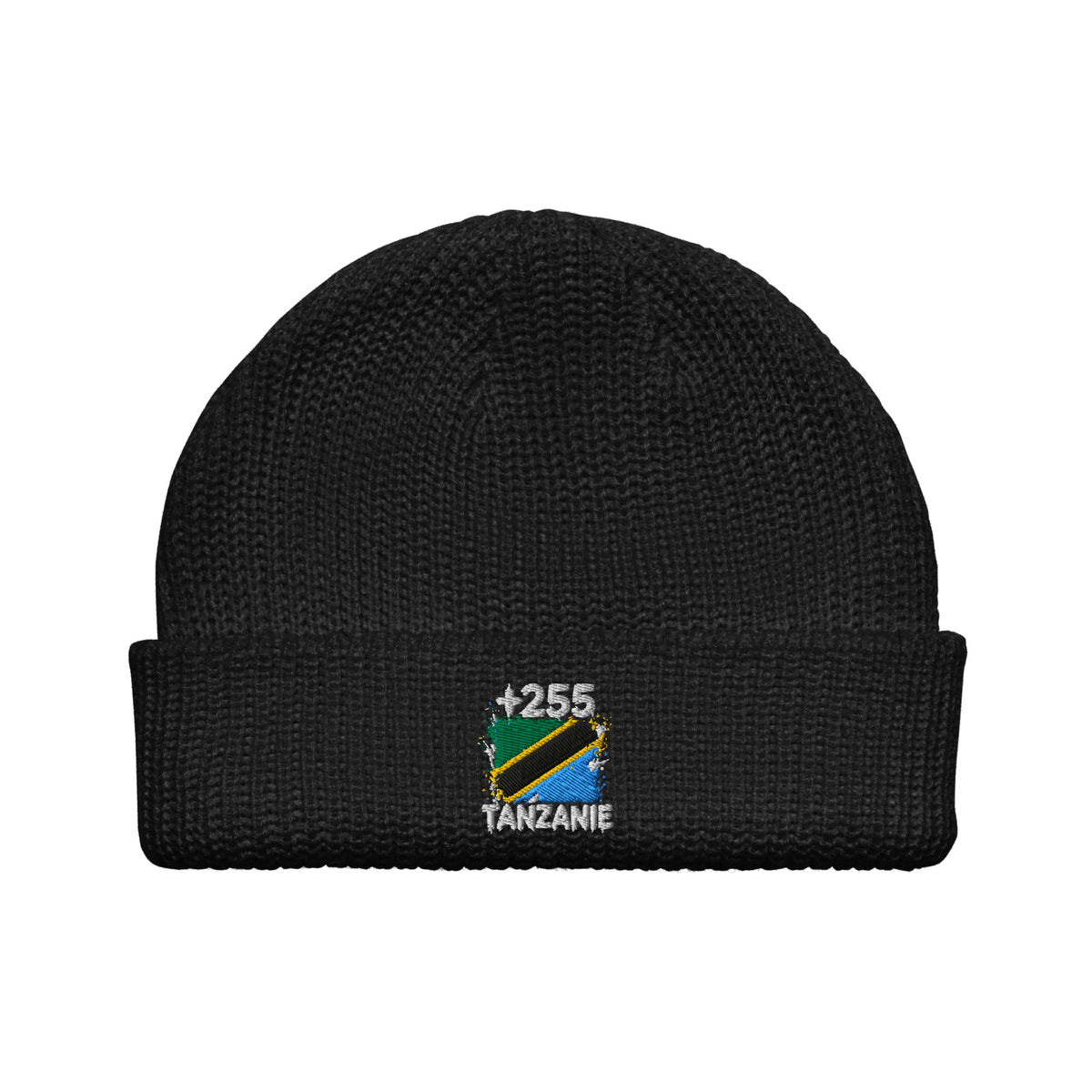 Bonnet Tanzanie +255 noir vue de face, drapeau tanzanien brodé - Indicatif Fier
