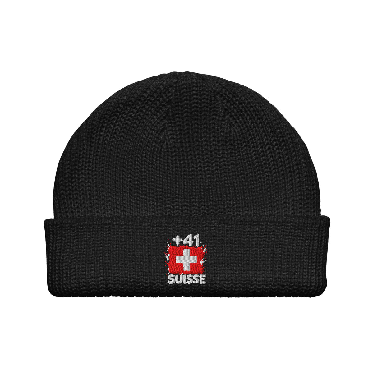 Bonnet Suisse +41 noir vue de face, drapeau suisse brodé - Indicatif Fier