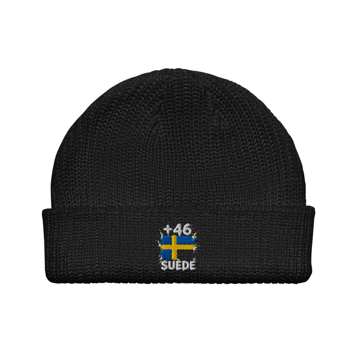 Bonnet Suède +46 noir vue de face, drapeau suédois brodé - Indicatif Fier