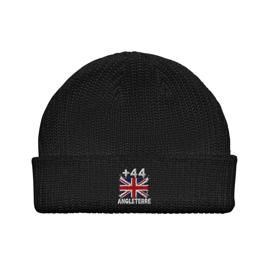 Bonnet Angleterre +44 noir vue de face, drapeau brodé - Indicatif Fier