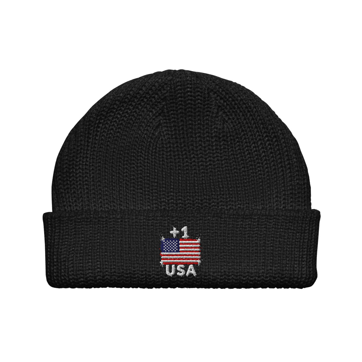 Bonnet USA +1 noir vue de face, drapeau américain brodé - Indicatif Fier
