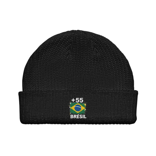 Bonnet Brésil +55 noir vue de face, drapeau brésilien brodé - Indicatif Fier