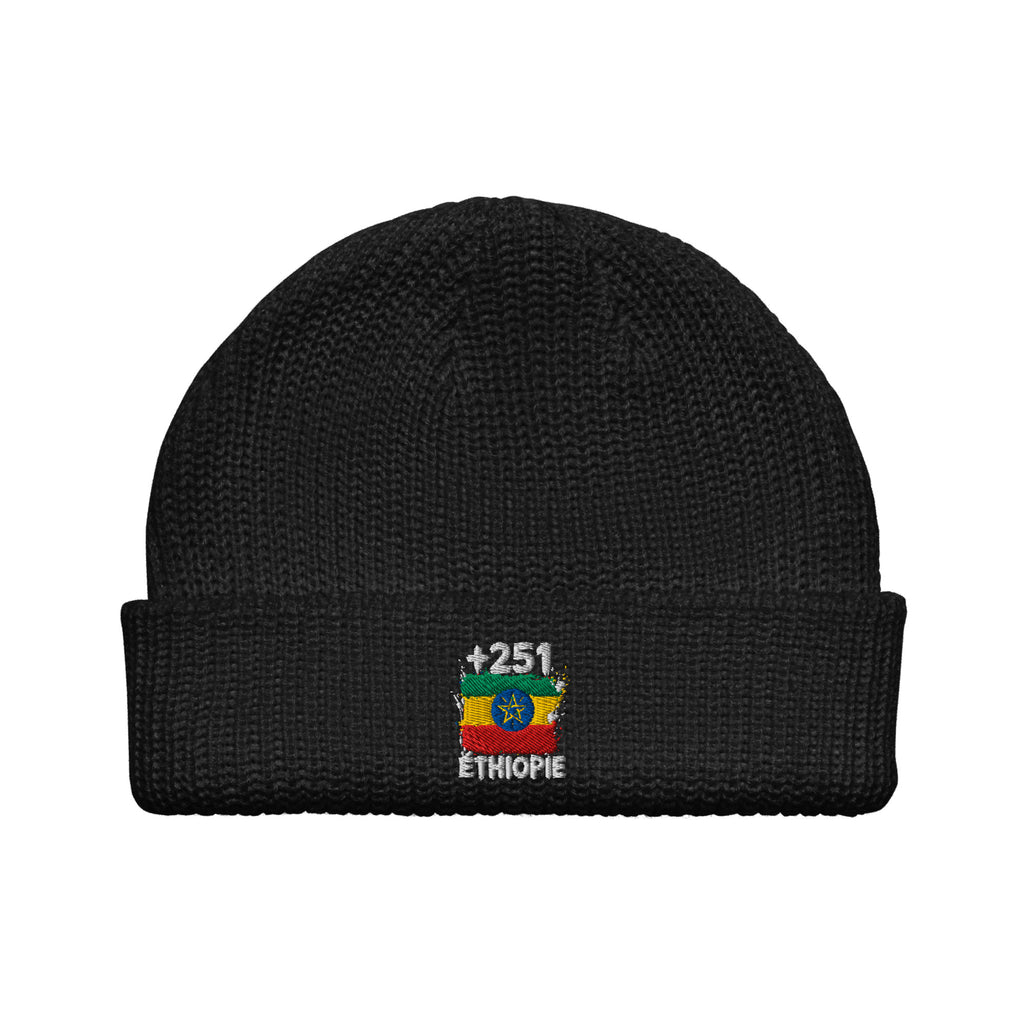 Bonnet Éthiopie +251 noir vue de face, drapeau éthiopien brodé - Indicatif Fier