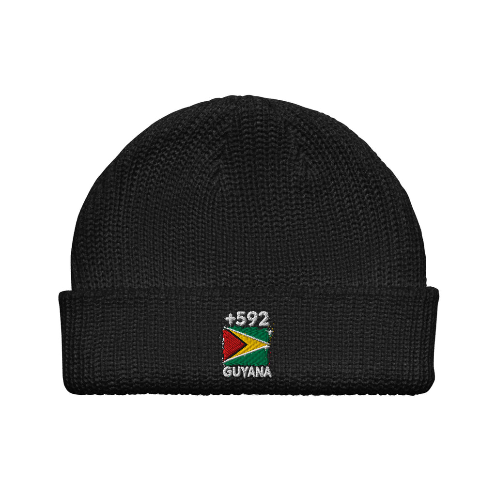 Bonnet Guyana +592 noir vue de face, drapeau guyanien brodé - Indicatif Fier