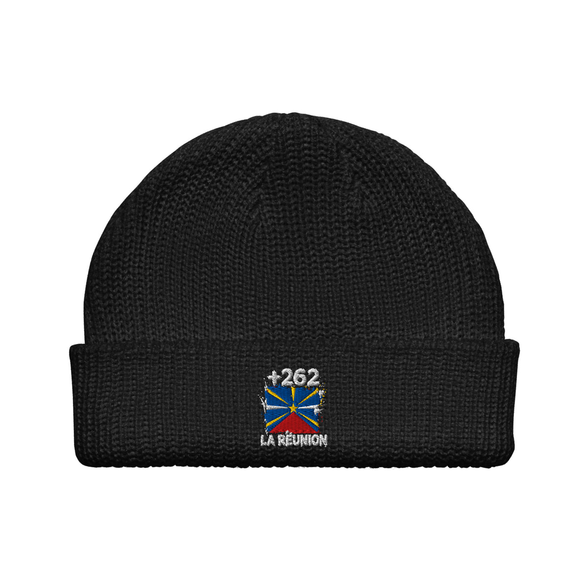 Bonnet La Réunion +262 noir vue de face, drapeau réunionnais brodé - Indicatif Fier