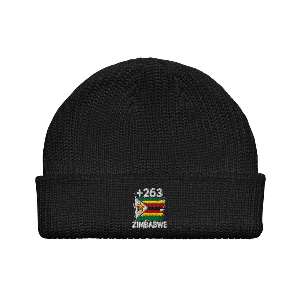 Bonnet Zimbabwe +263 noir vue de face, drapeau zimbabwéen brodé - Indicatif Fier