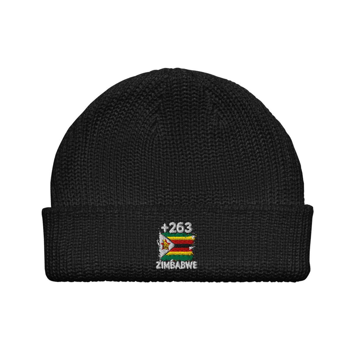 Bonnet Zimbabwe +263 noir vue de face, drapeau zimbabwéen brodé - Indicatif Fier