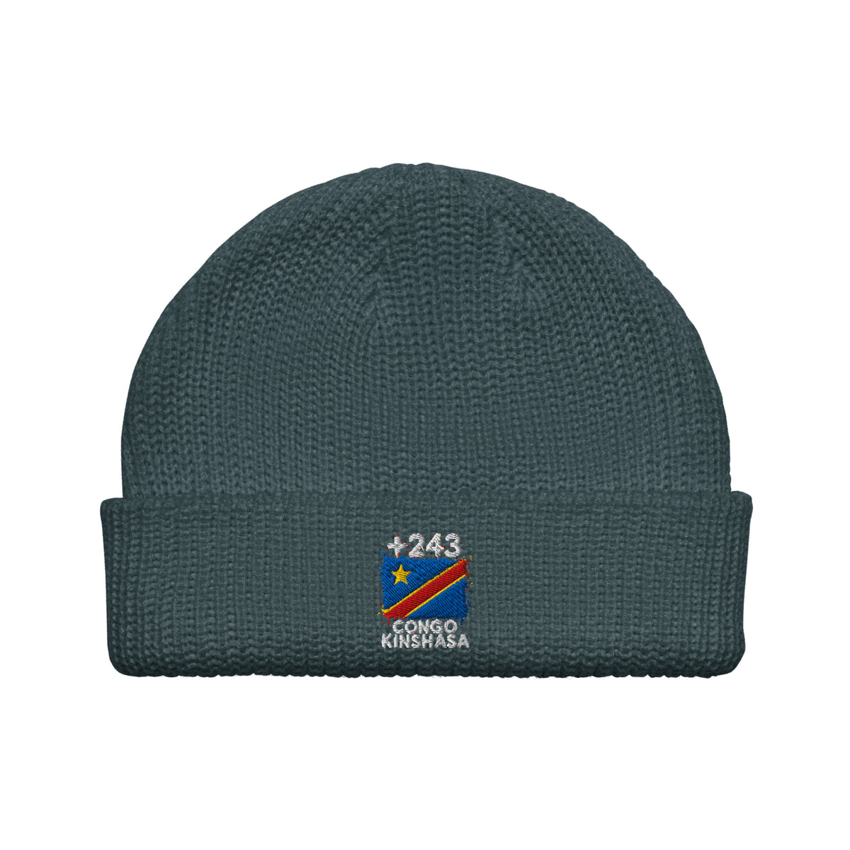 Bonnet RDC +243 bleu pétrole vue de face, drapeau congolais brodé - Indicatif Fier