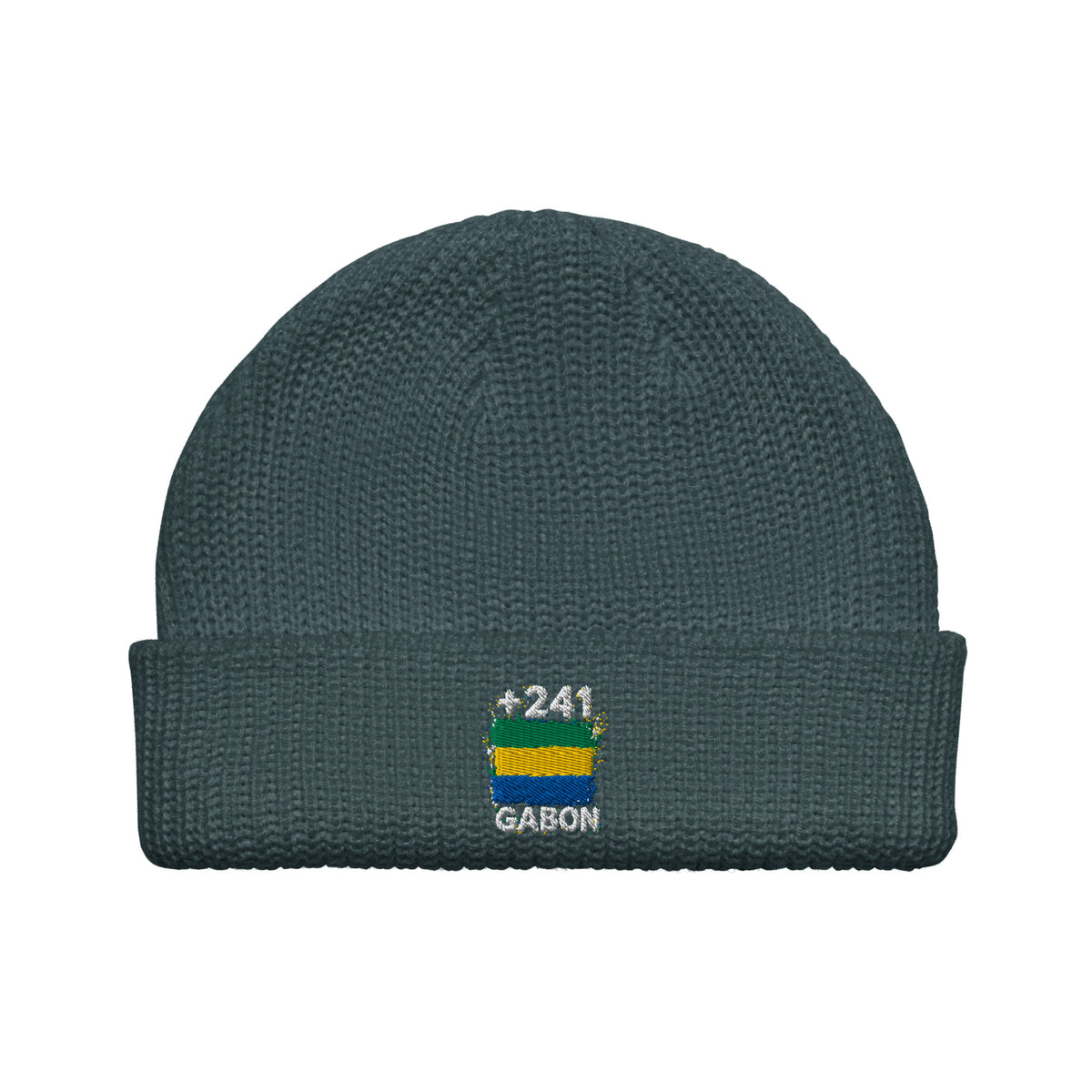 Bonnet Gabon +241 bleu pétrole vue de face, drapeau gabonais brodé - Indicatif Fier