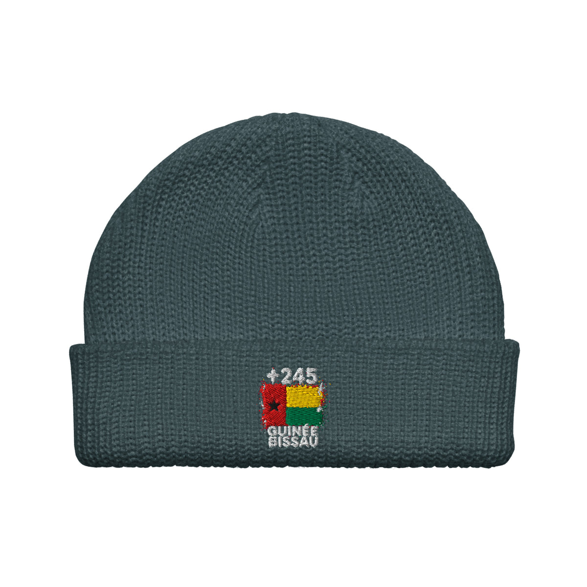 Bonnet Guinée-Bissau +245 bleu pétrole vue de face, drapeau bissau-guinéen brodé - Indicatif Fier