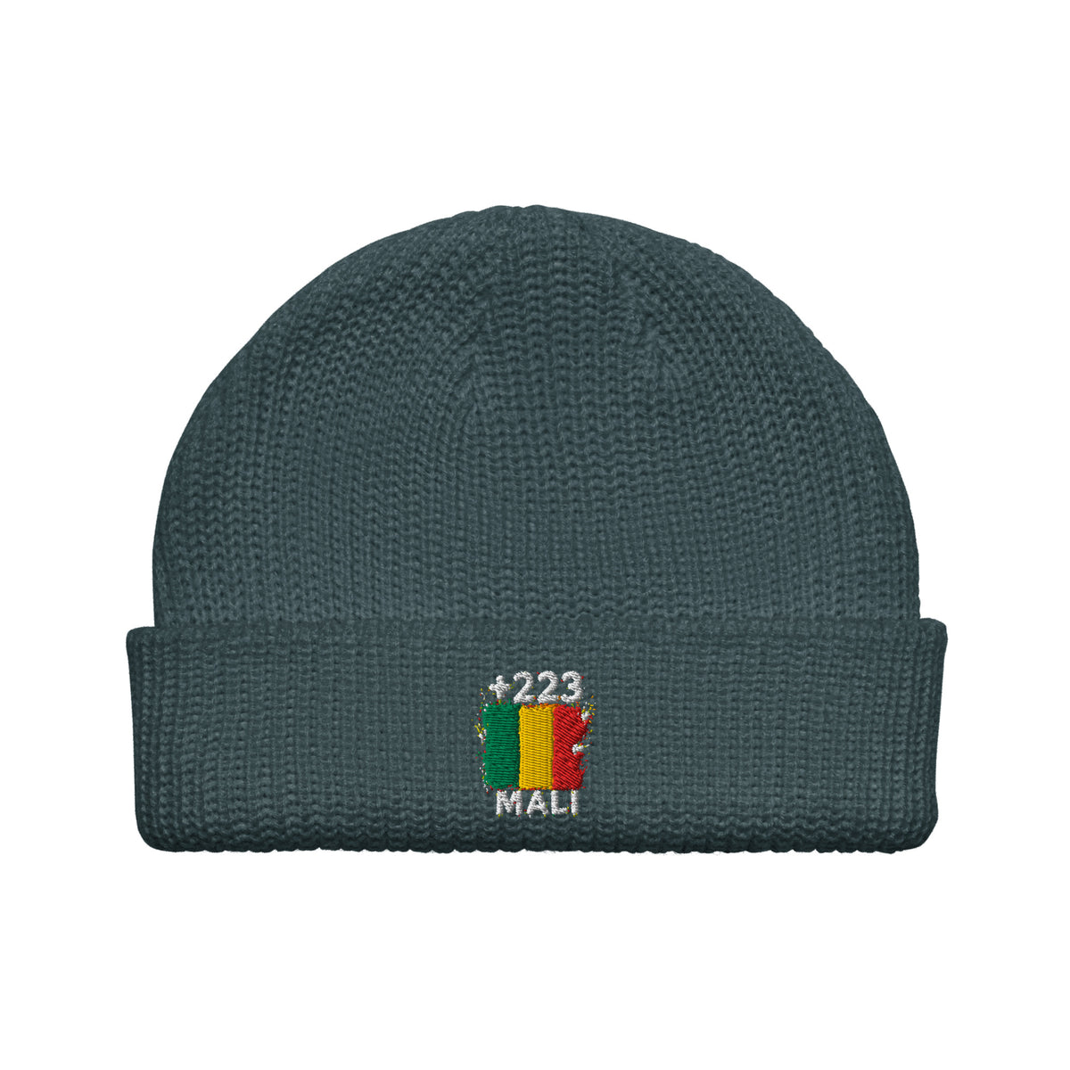 Bonnet Mali +223 bleu pétrole vue de face, drapeau malien brodé - Indicatif Fier