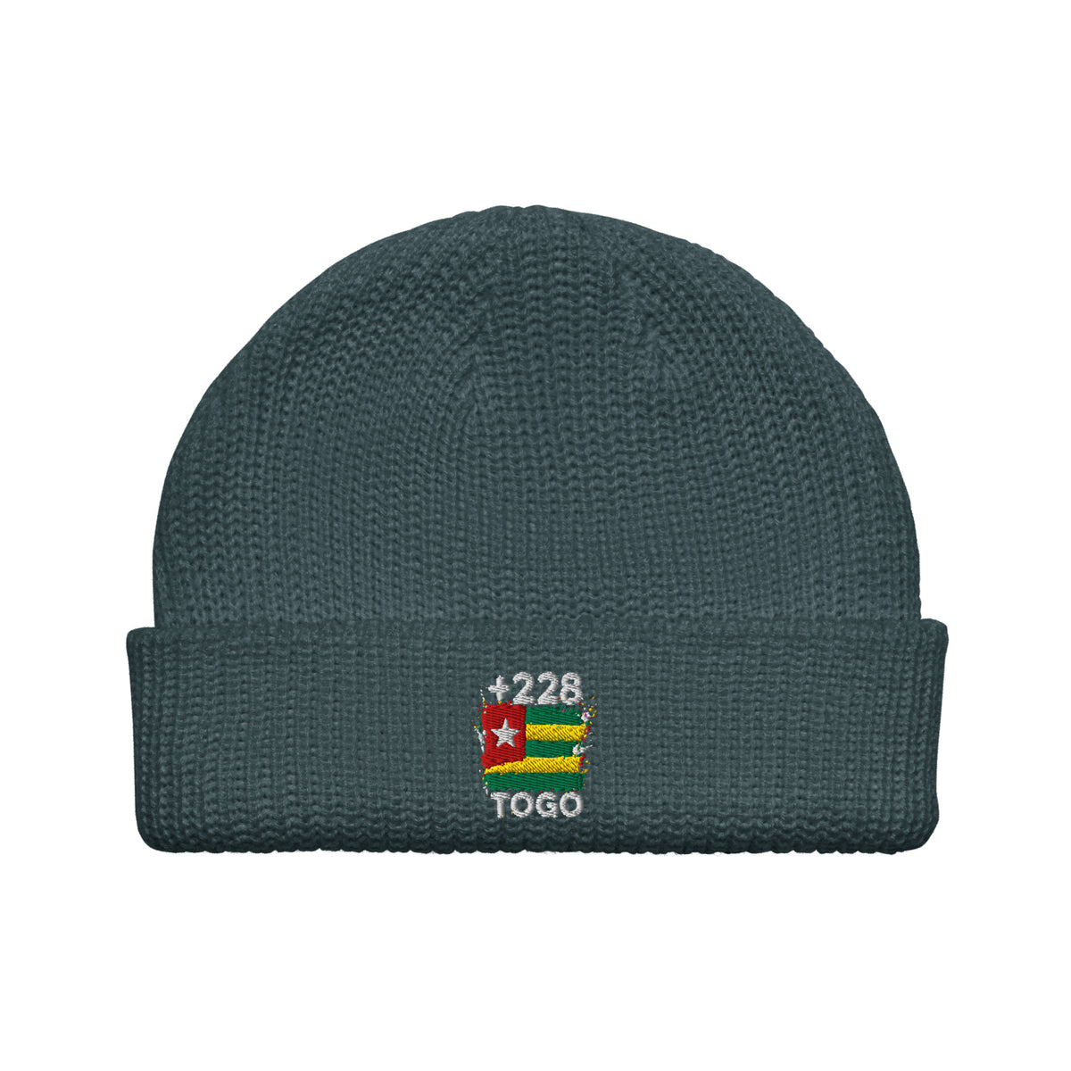 Bonnet Togo +228 bleu pétrole vue de face, drapeau togolais brodé - Indicatif Fier