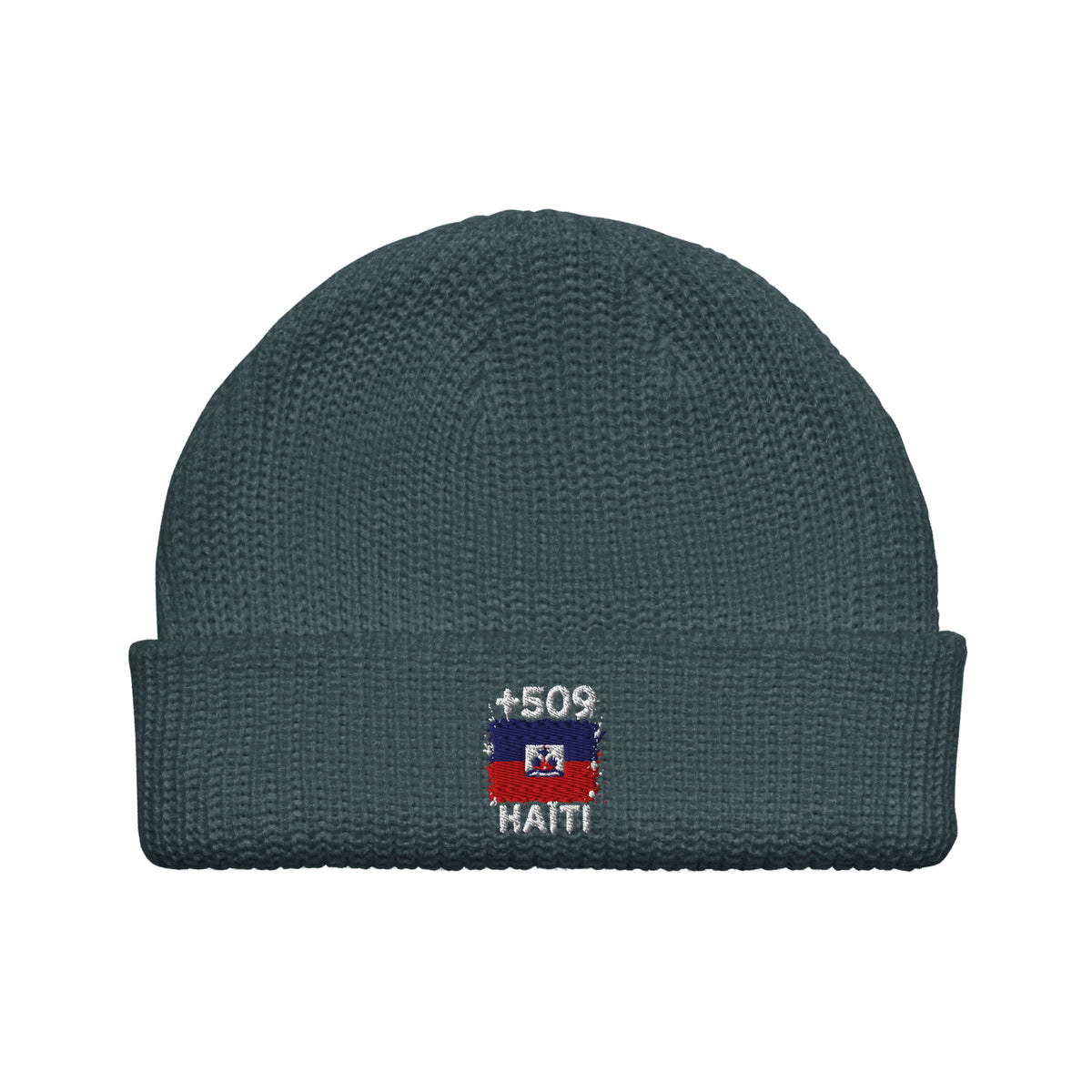 Bonnet Haïti +509 bleu pétrole vue de face, drapeau haïtien brodé - Indicatif Fier