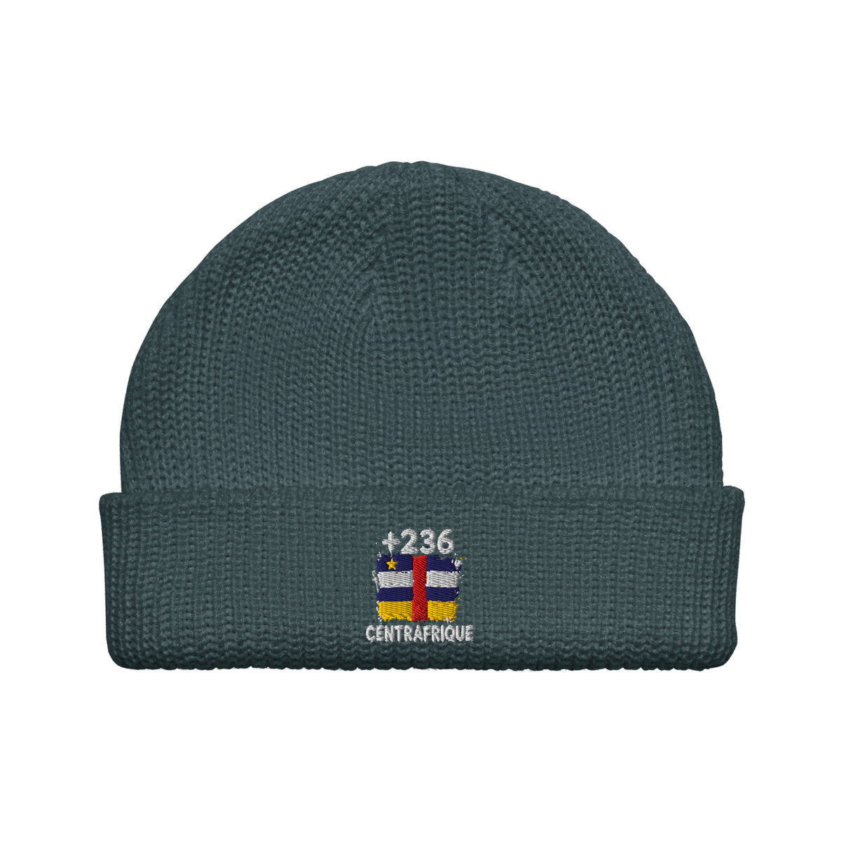 Bonnet Centrafrique +236 bleu pétrole vue de face, drapeau centrafricain brodé - Indicatif Fier