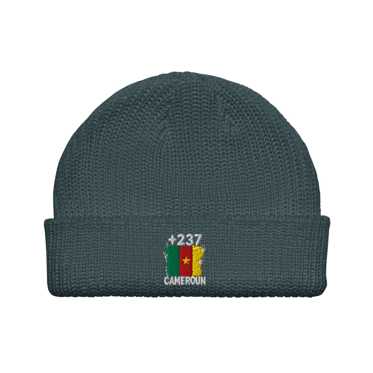 Bonnet Cameroun +237 bleu pétrole vue de face, drapeau camerounais brodé - Indicatif Fier