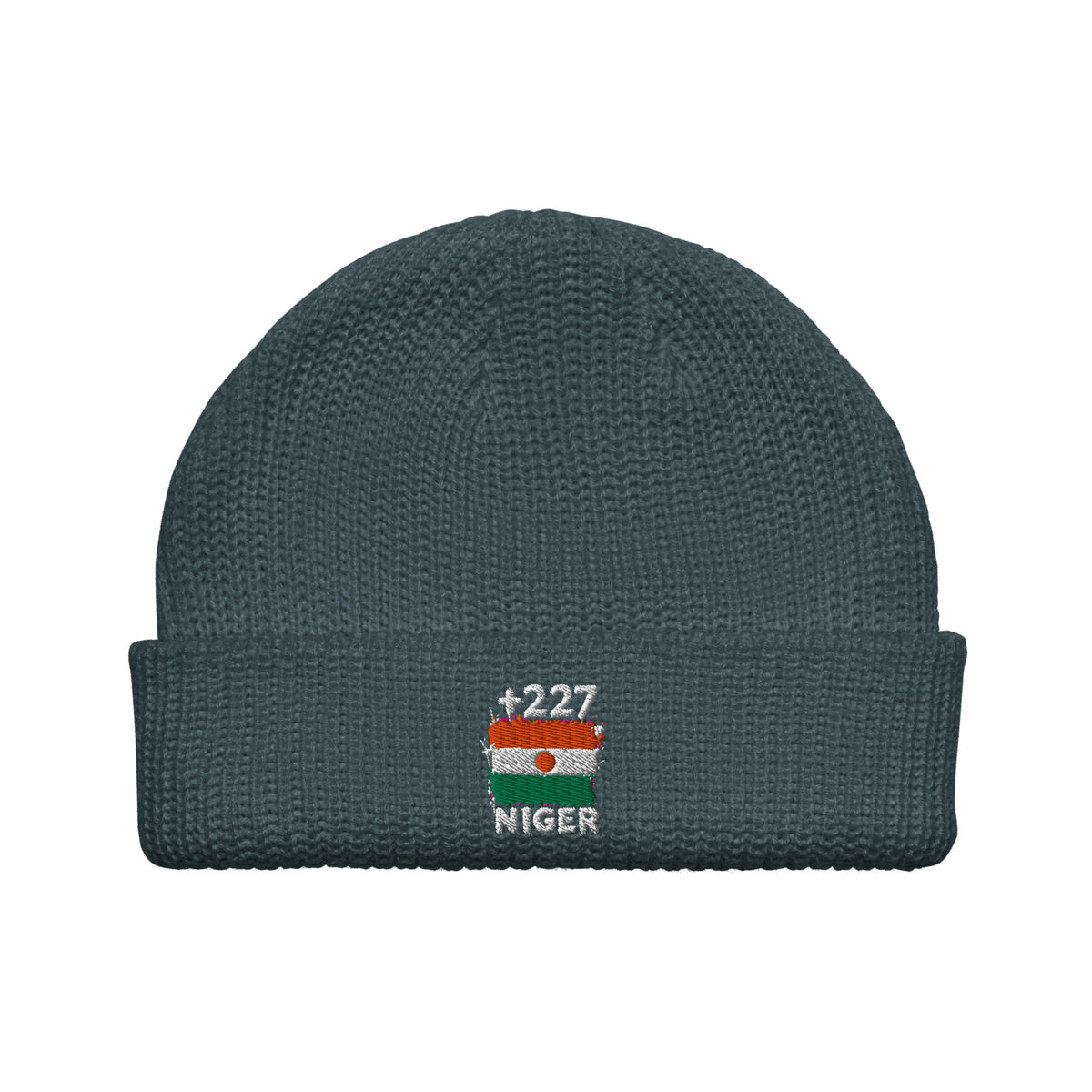 Bonnet Niger +227 bleu pétrole vue de face, drapeau nigérien brodé - Indicatif Fier
