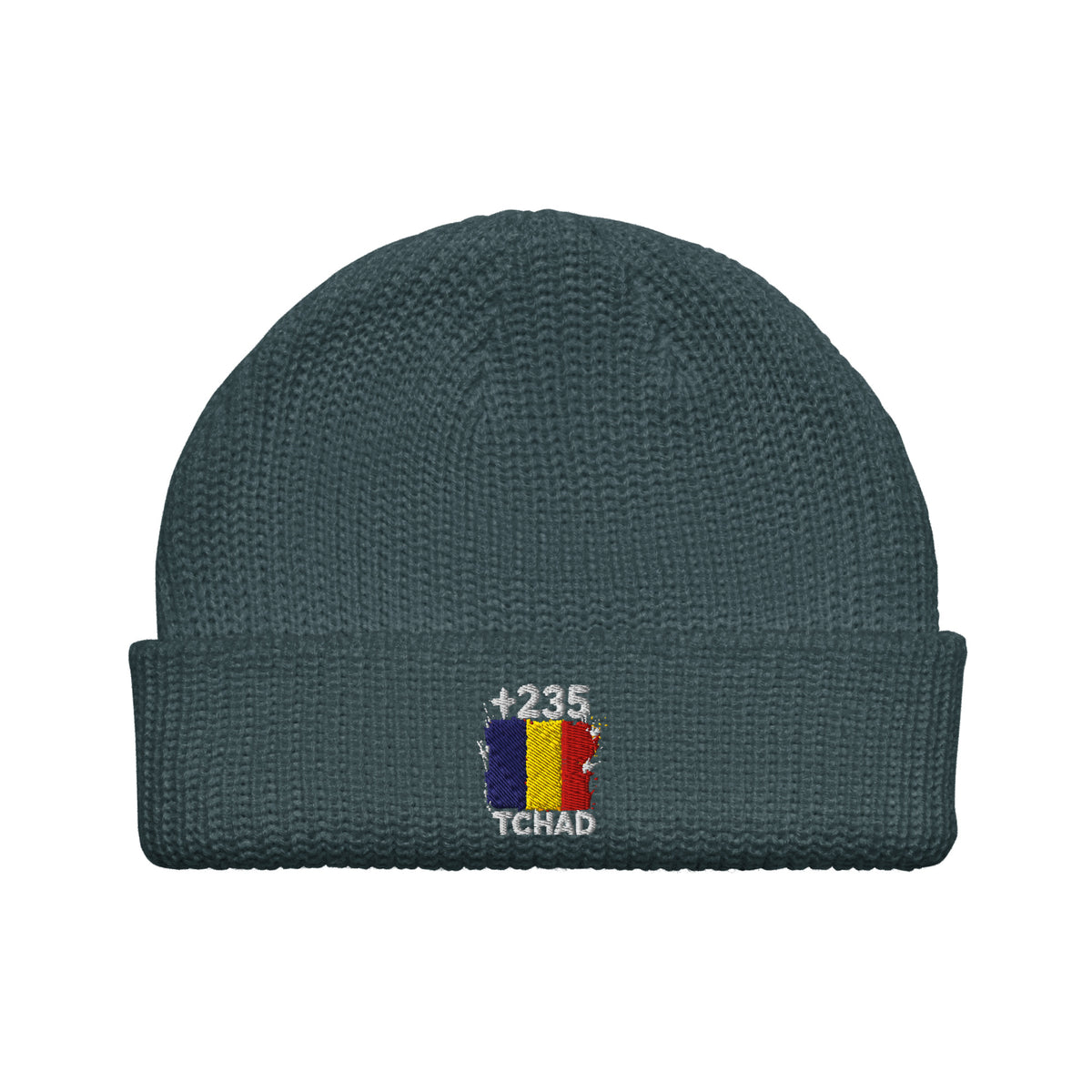 Bonnet Tchad +235 bleu pétrole vue de face, drapeau tchadien brodé - Indicatif Fier