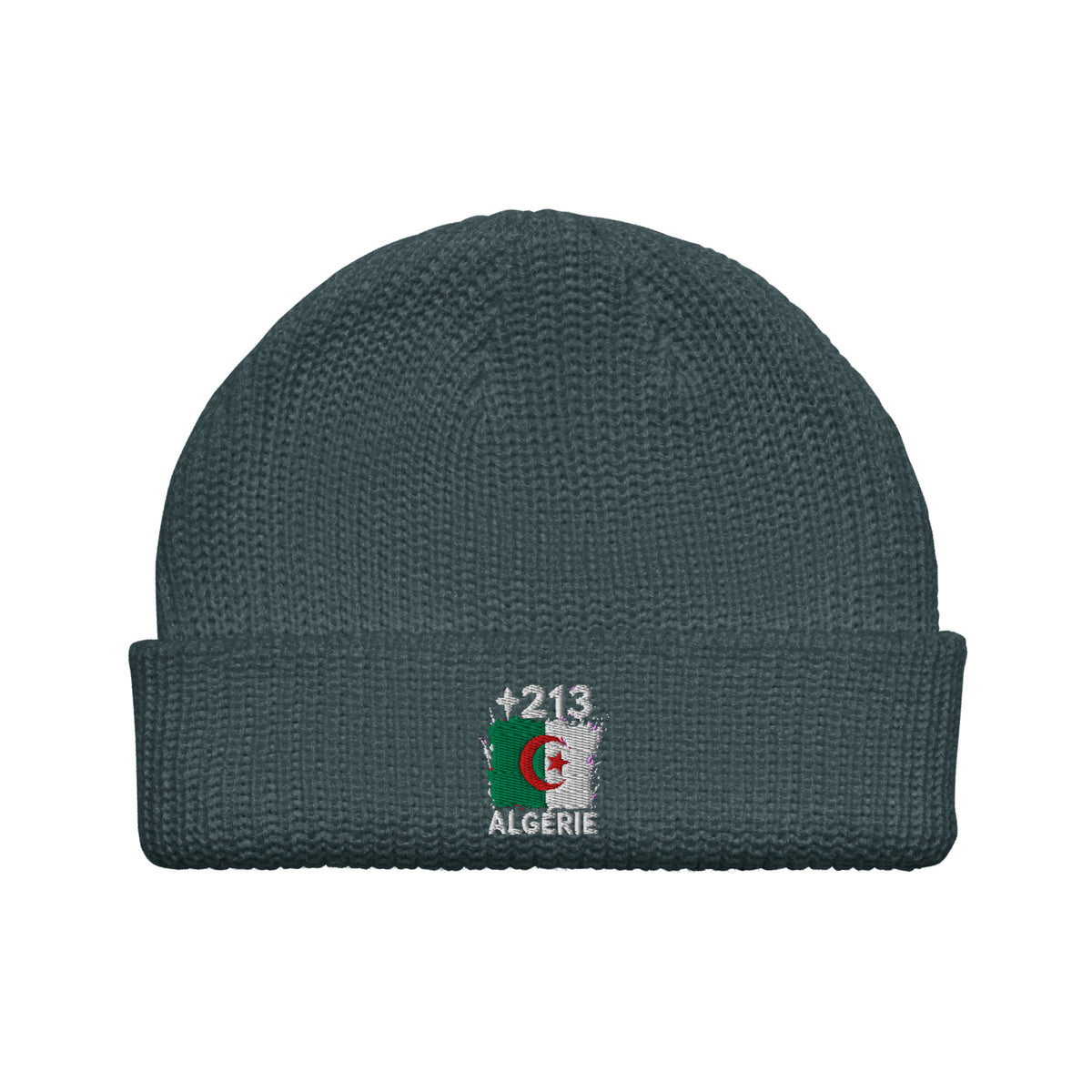 Bonnet Algérie +213 bleu pétrole vue de face, drapeau algérien brodé - Indicatif Fier