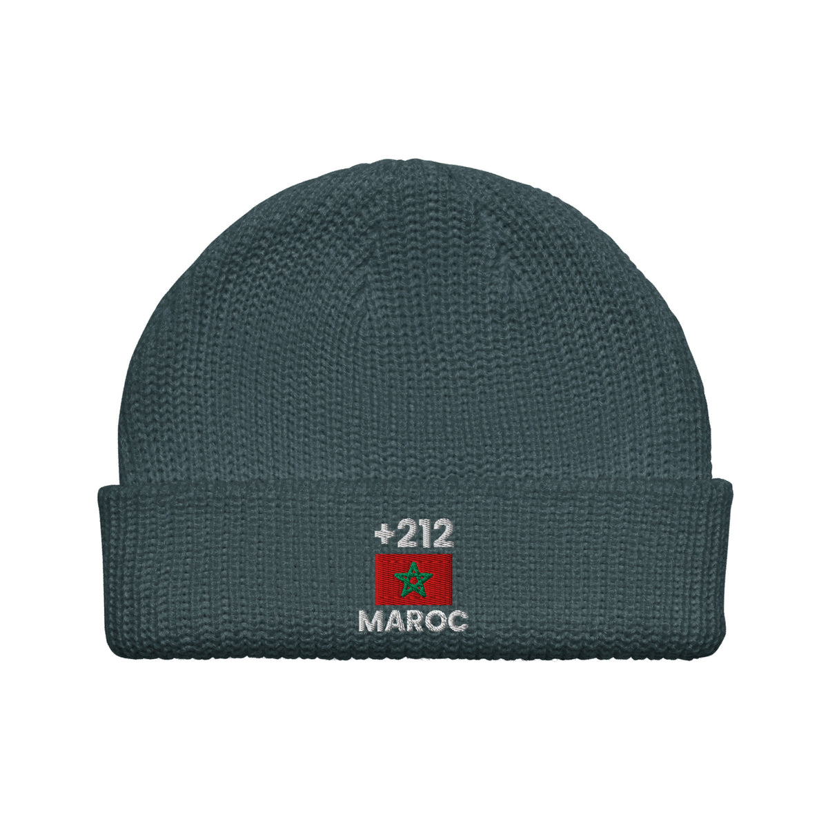 Bonnet Maroc +212 bleu pétrole vue de face, drapeau marocain brodé - Indicatif Fier