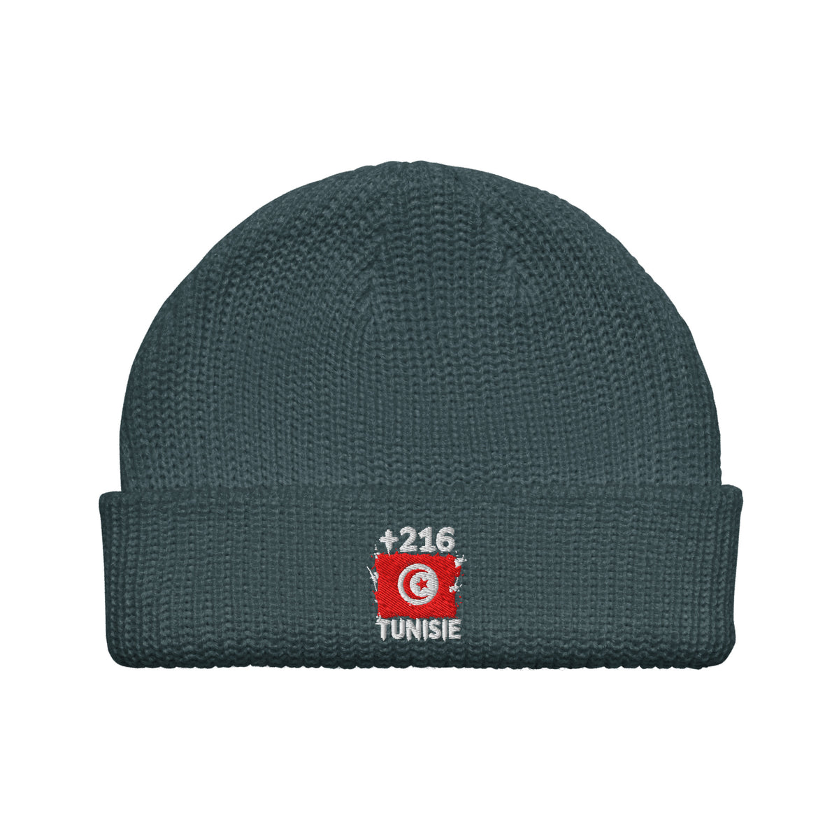 Bonnet Tunisie +216 bleu pétrole vue de face, drapeau tunisien brodé - Indicatif Fier