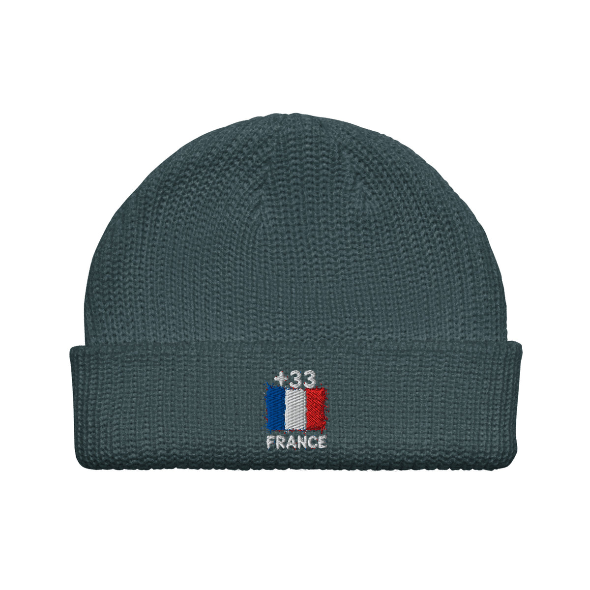 Bonnet France +33 bleu pétrole vue de face, drapeau français brodé - Indicatif Fier