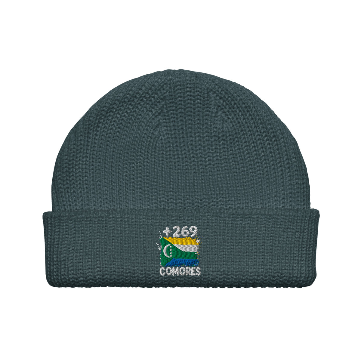Bonnet Comores +269 bleu pétrole vue de face, drapeau comorien brodé - Indicatif Fier