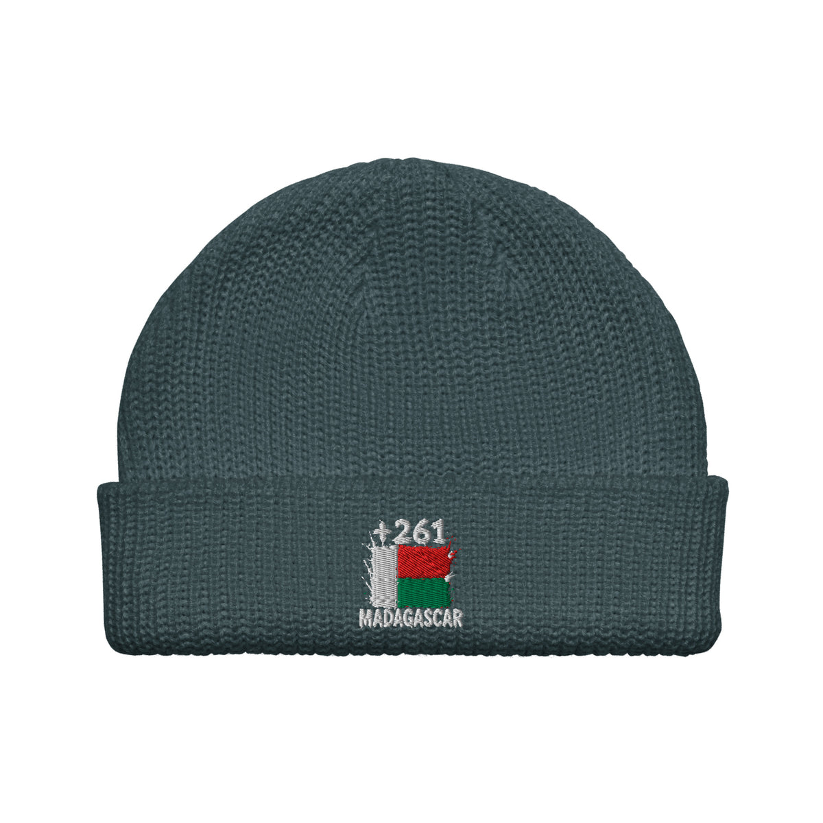 Bonnet Madagascar +261 bleu pétrole vue de face, drapeau malgache brodé - Indicatif Fier