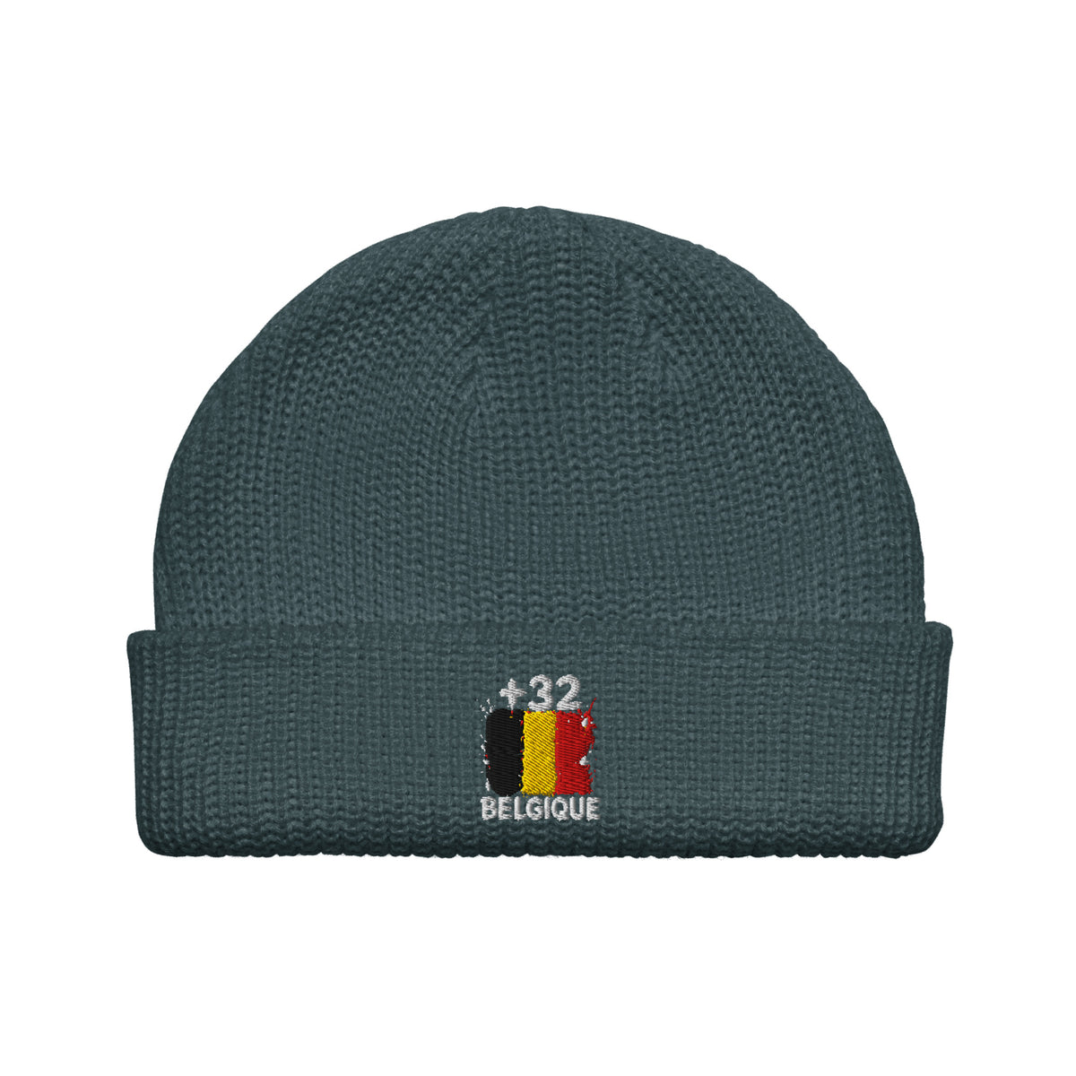 Bonnet Belgique +32 bleu pétrole vue de face, drapeau belge brodé - Indicatif Fier