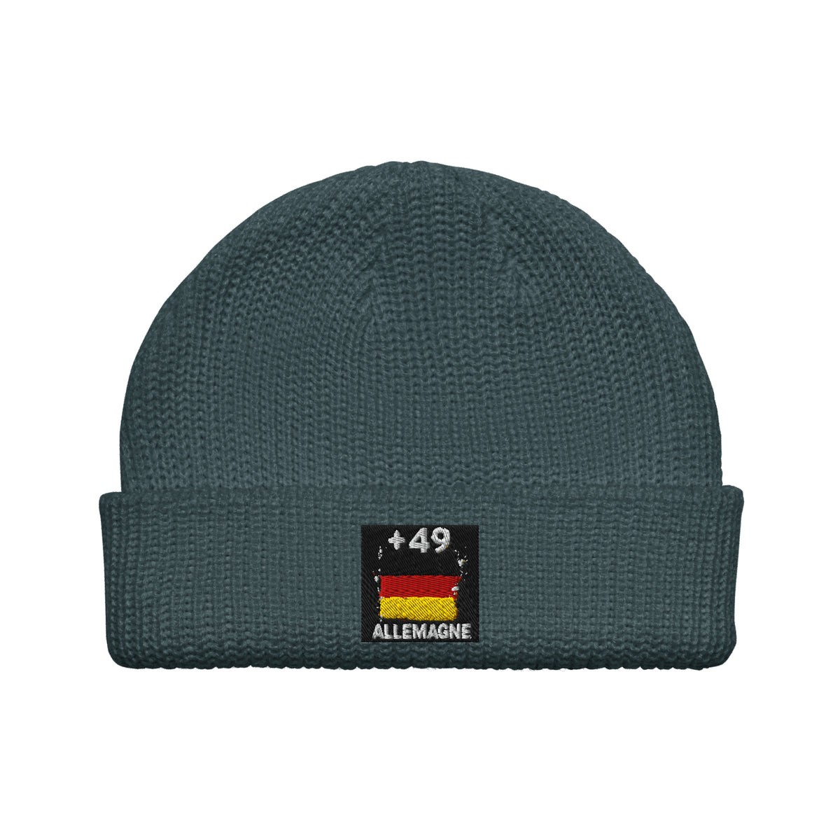 Bonnet Allemagne +49 bleu pétrole vue de face, drapeau allemand brodé - Indicatif Fier