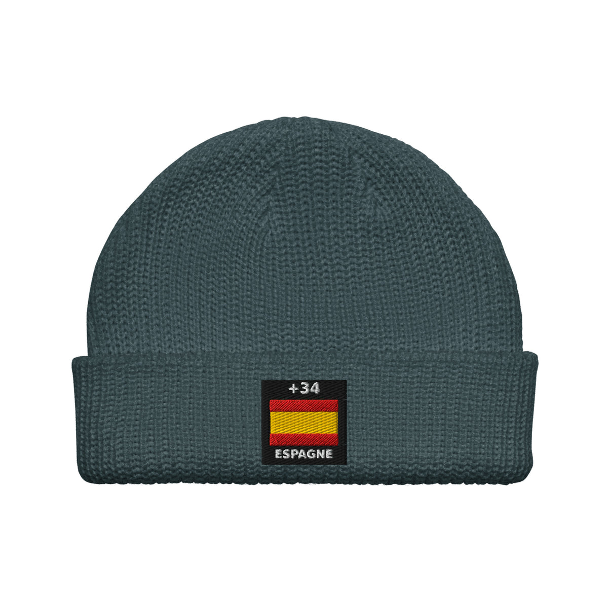 Bonnet Espagne +34 bleu pétrole vue de face, drapeau espagnol brodé - Indicatif Fier