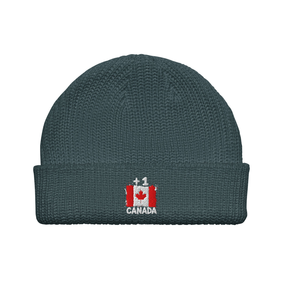 Bonnet Canada +1 bleu pétrole vue de face, drapeau canadien brodé - Indicatif Fier