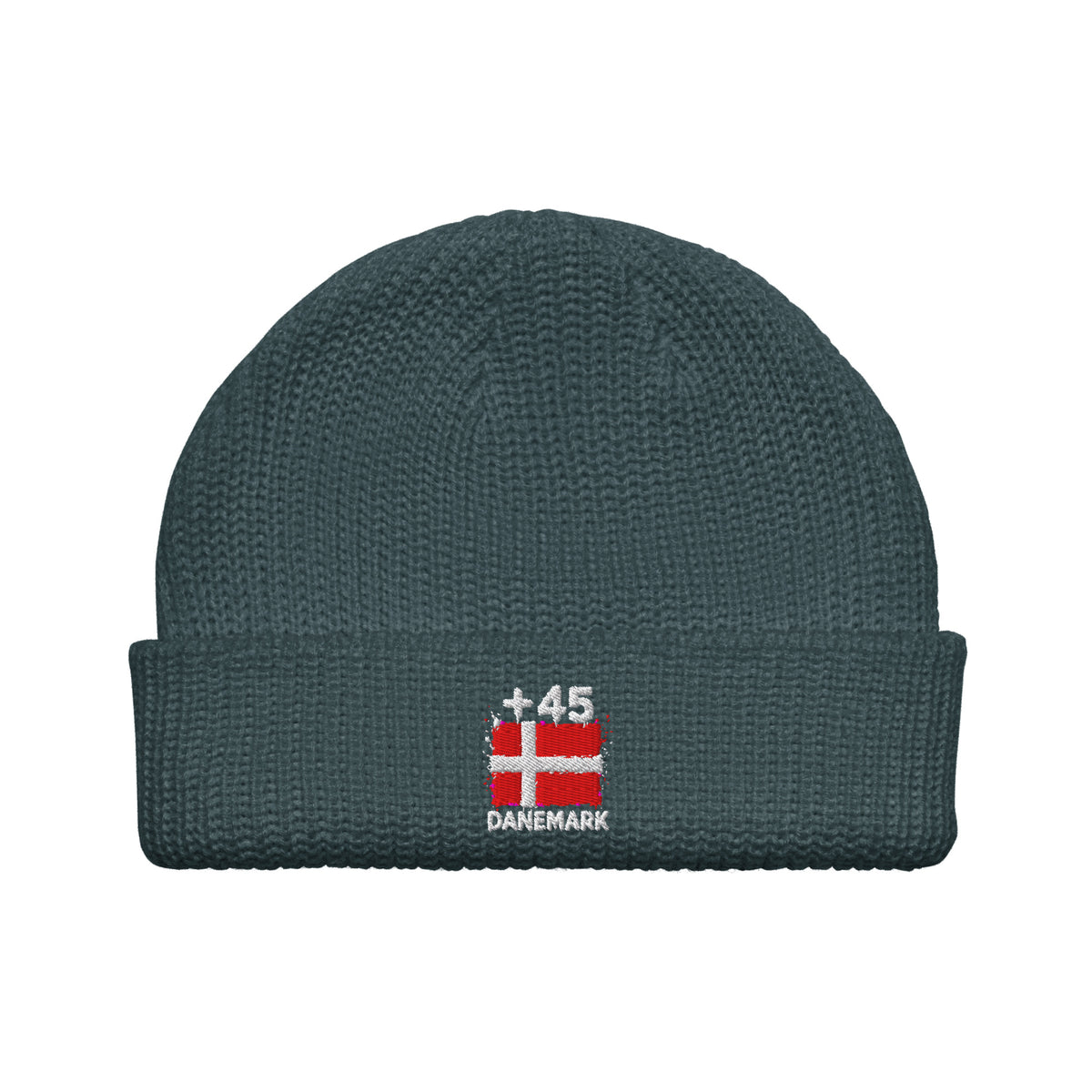 Bonnet Danemark +45 bleu pétrole vue de face, drapeau danois brodé - Indicatif Fier