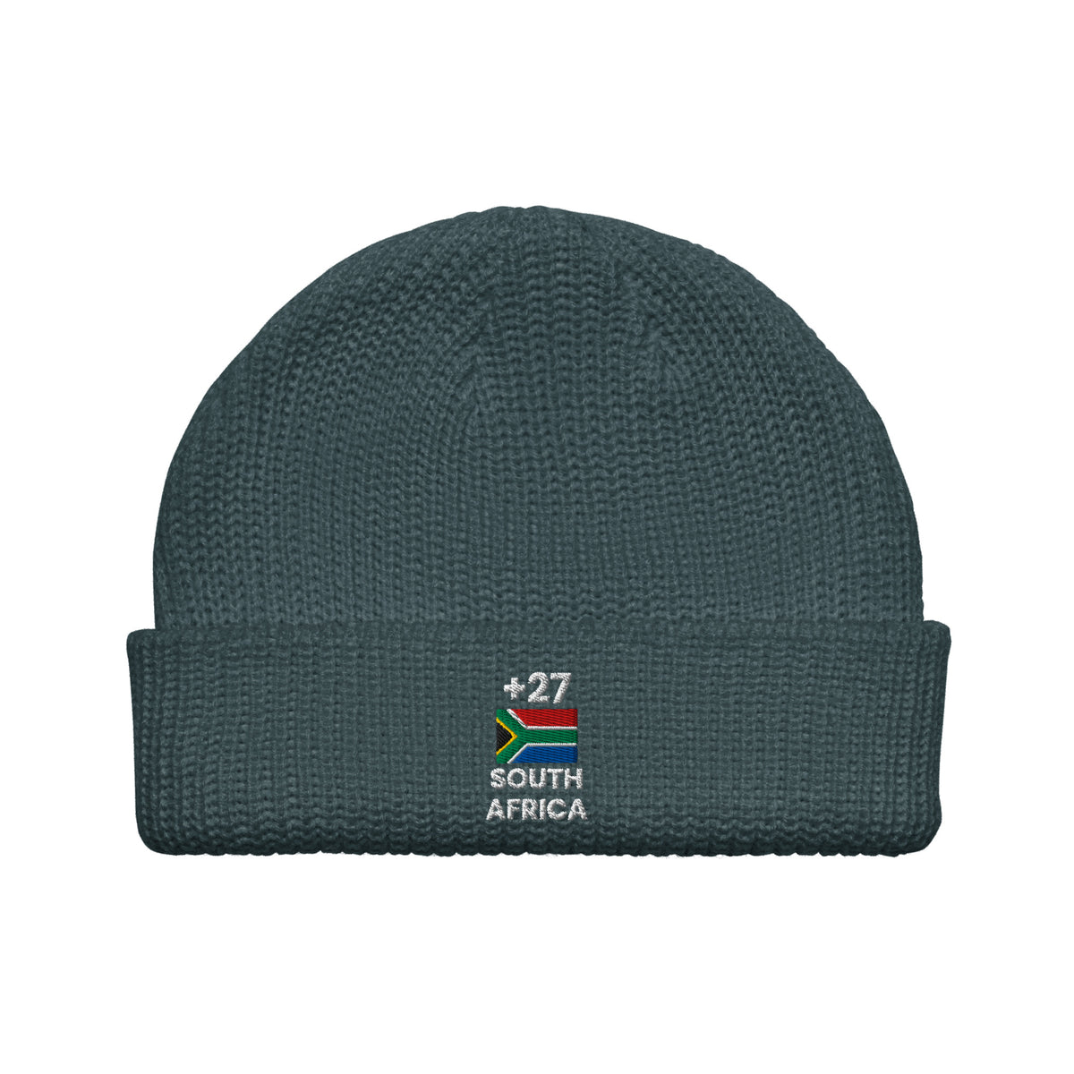 Bonnet Afrique du Sud +27 bleu pétrole vue de face, drapeau sud-africain brodé - Indicatif Fier
