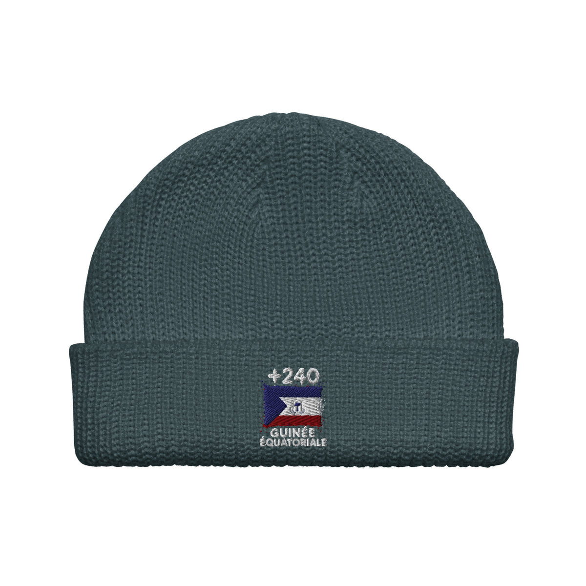 Bonnet Guinée Équatoriale +240 bleu pétrole vue de face, drapeau équato-guinéen brodé - Indicatif Fier