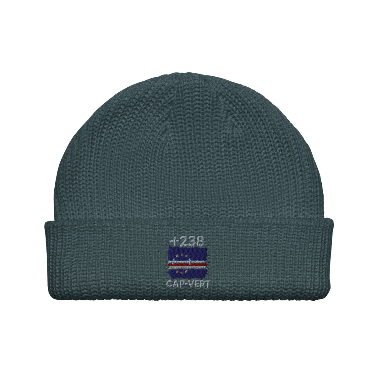 Bonnet Cap-Vert +238 bleu pétrole vue de face, drapeau cap-verdien brodé - Indicatif Fier