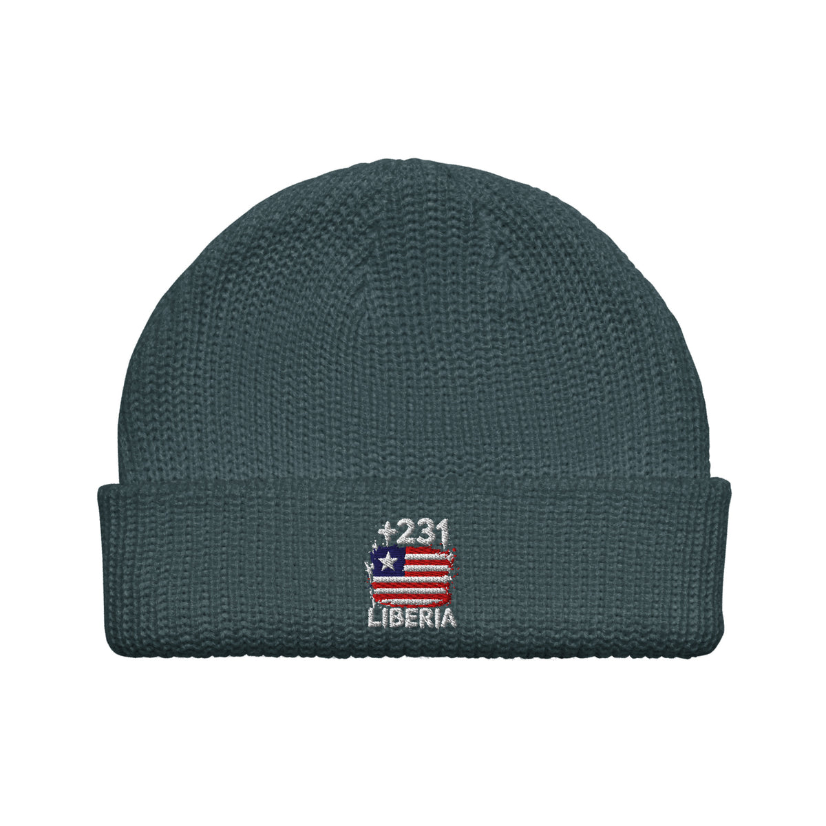 Bonnet Liberia +231 bleu pétrole vue de face, drapeau libérien brodé - Indicatif Fier