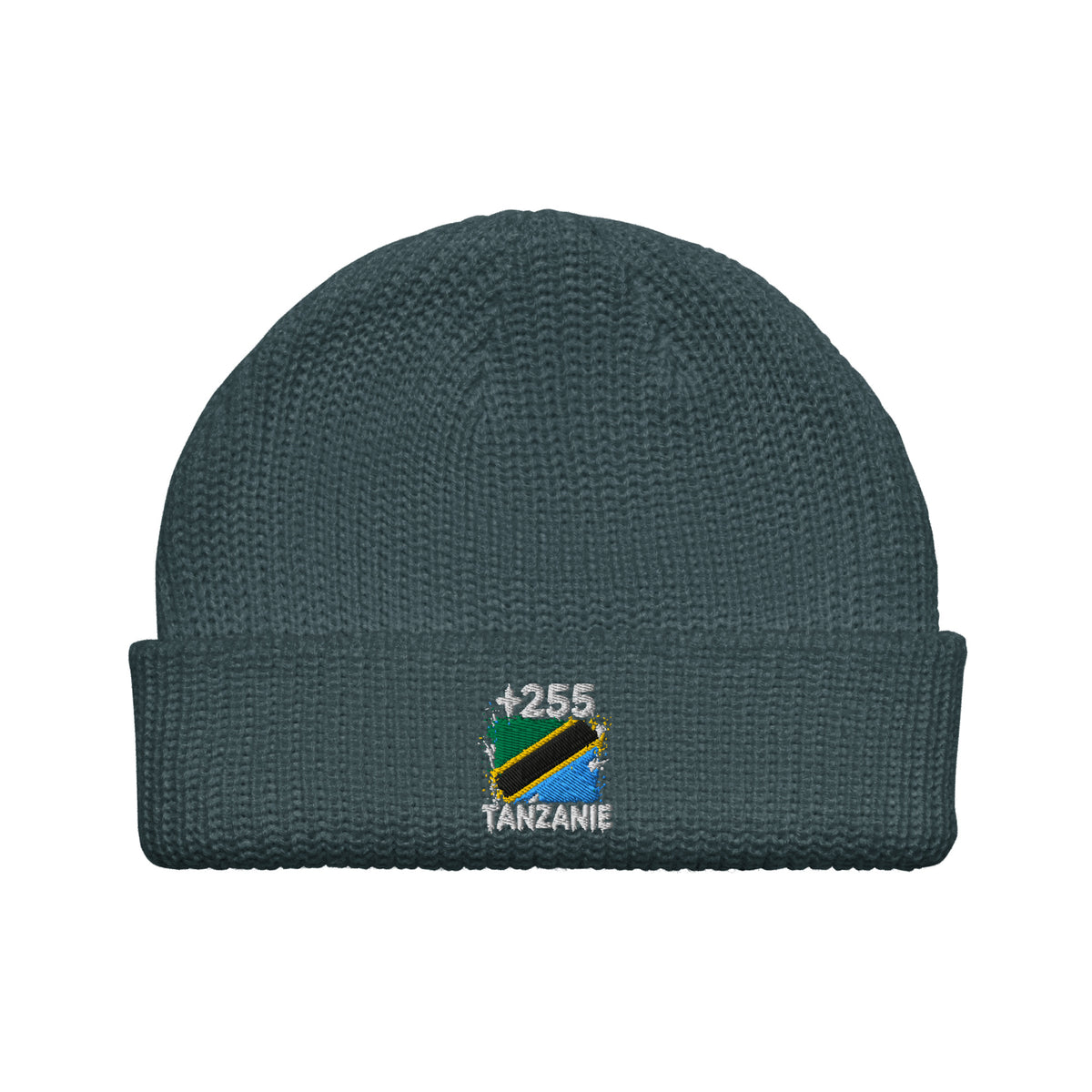 Bonnet Tanzanie +255 bleu pétrole vue de face, drapeau tanzanien brodé - Indicatif Fier