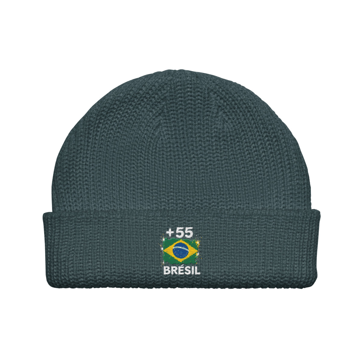 Bonnet Brésil +55 bleu pétrole vue de face, drapeau brésilien brodé - Indicatif Fier