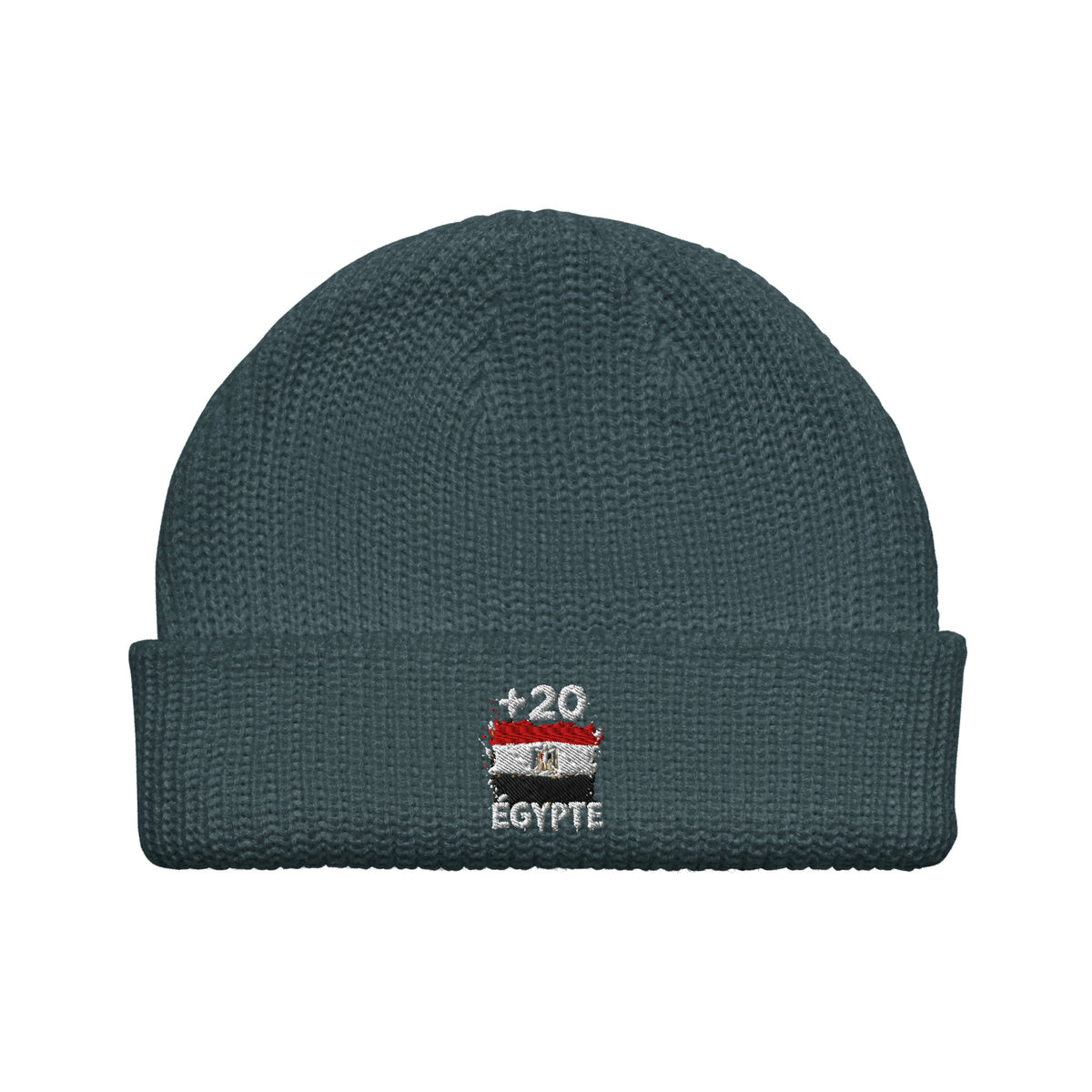 Bonnet Égypte +20 bleu pétrole vue de face, drapeau égyptien brodé - Indicatif Fier