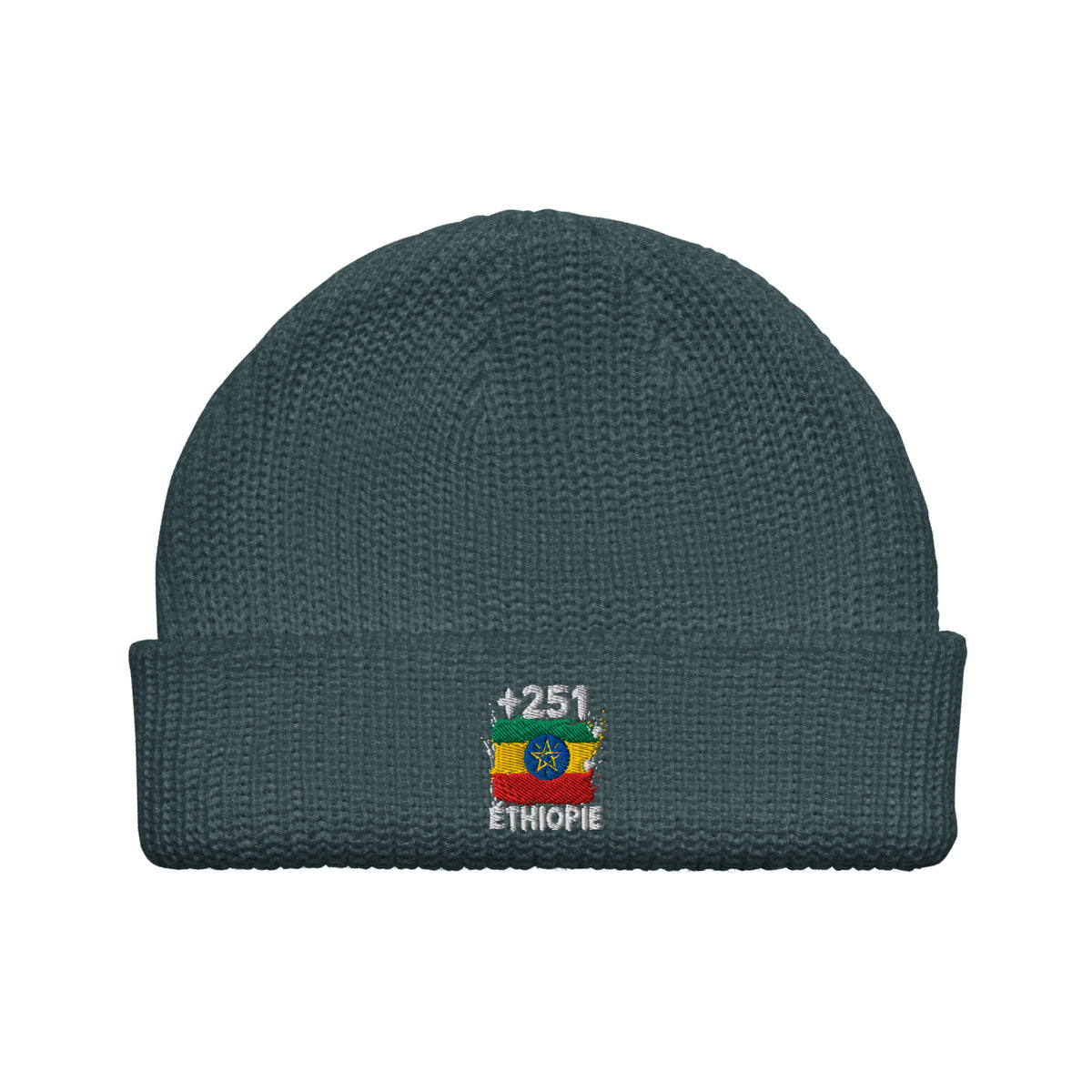 Bonnet Éthiopie +251 bleu pétrole vue de face, drapeau éthiopien brodé - Indicatif Fier