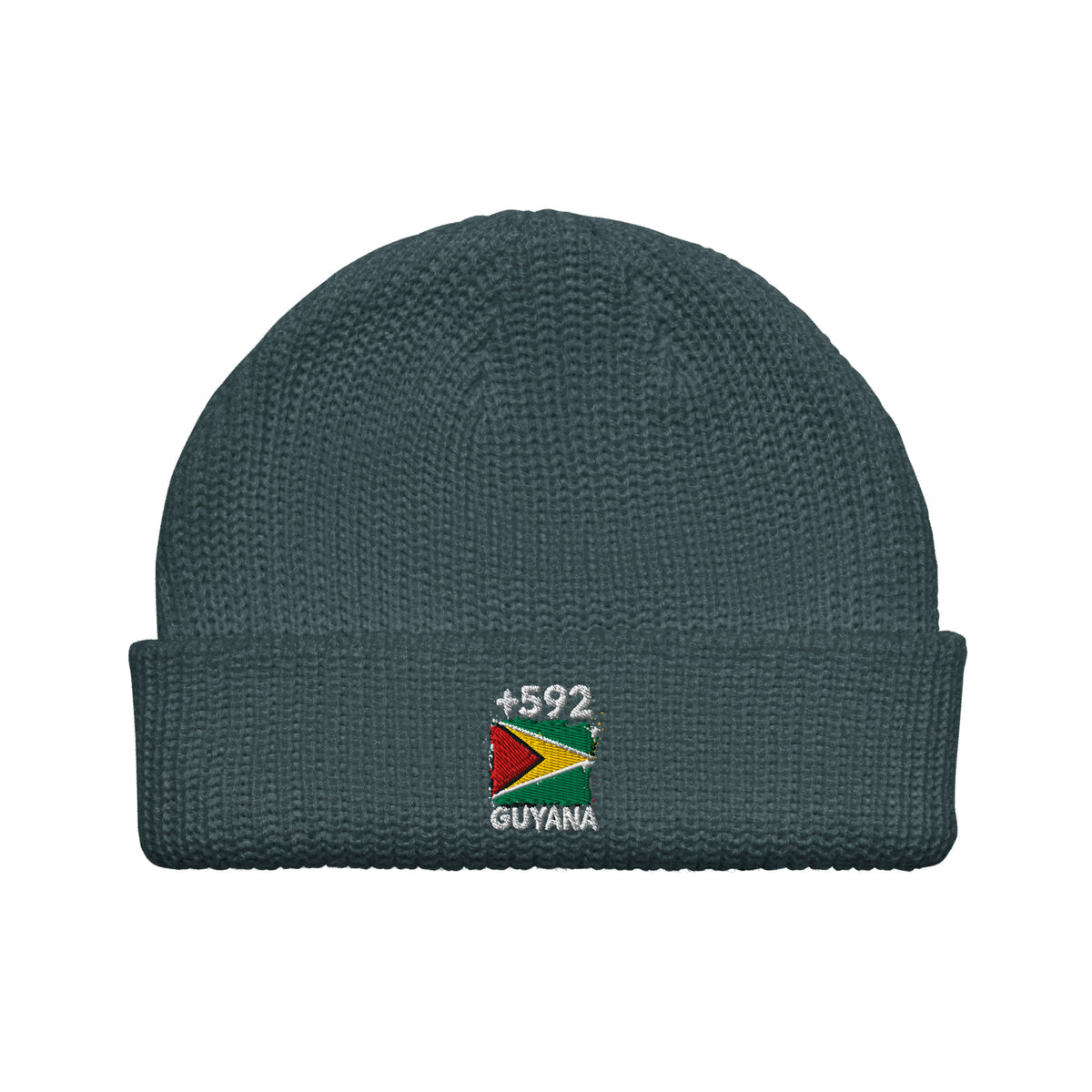Bonnet Guyana +592 bleu pétrole vue de face, drapeau guyanien brodé - Indicatif Fier