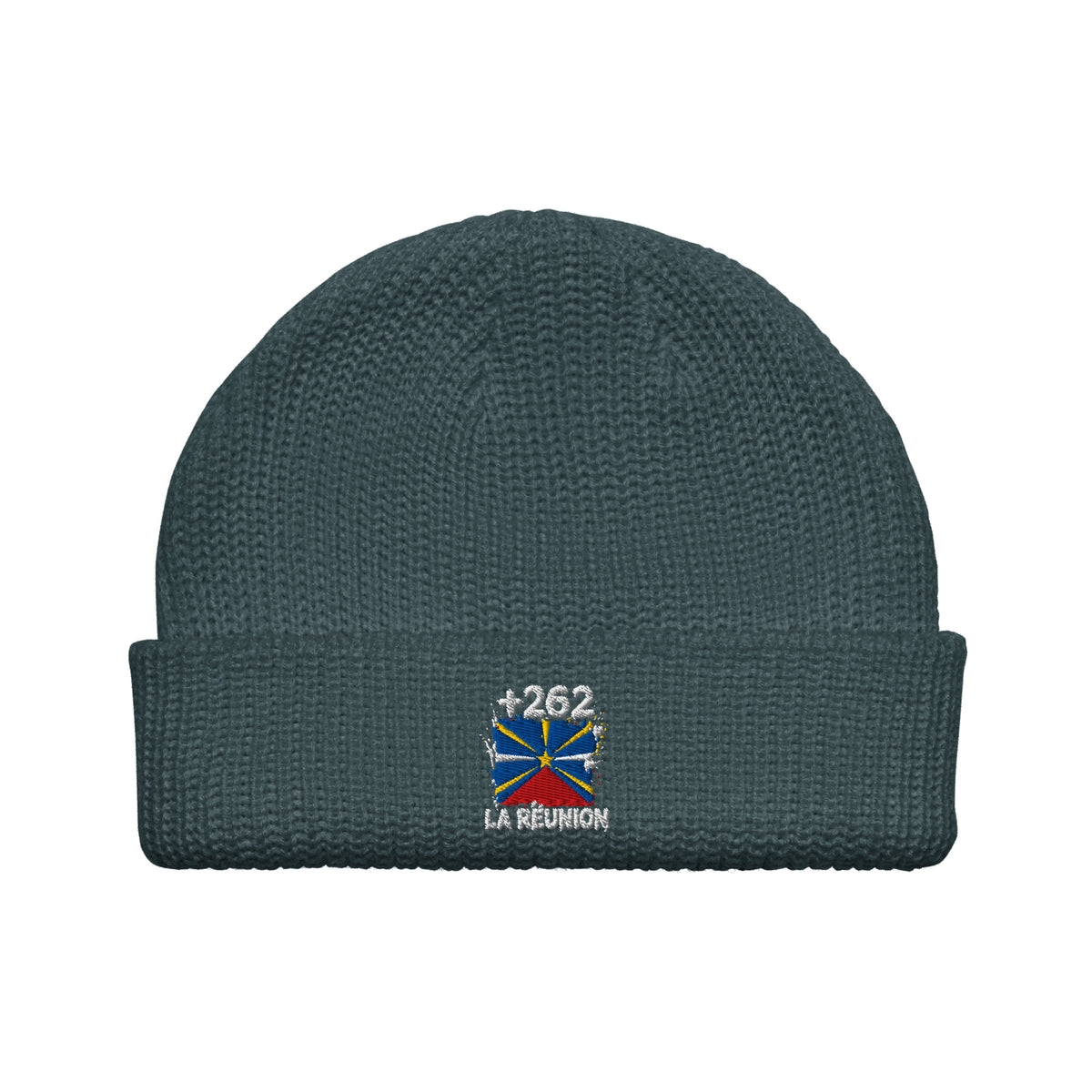 Bonnet La Réunion +262 bleu pétrole vue de face, drapeau réunionnais brodé - Indicatif Fier