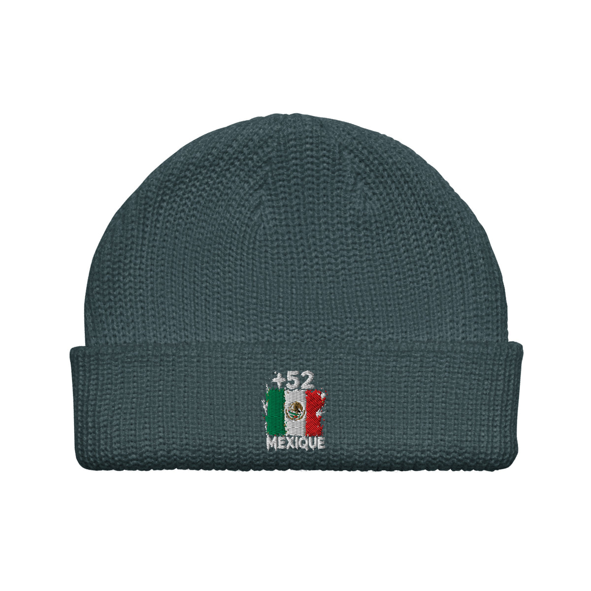 Bonnet Mexique +52 bleu pétrole vue de face, drapeau mexicain brodé - Indicatif Fier