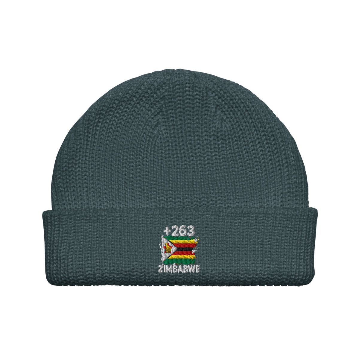 Bonnet Zimbabwe +263 bleu pétrole vue de face, drapeau zimbabwéen brodé - Indicatif Fier