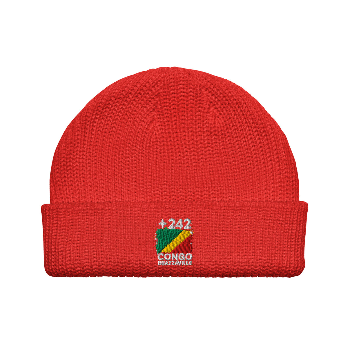 Bonnet Congo Brazzaville +242 rouge vue de face, drapeau congolais brodé - Indicatif Fier
