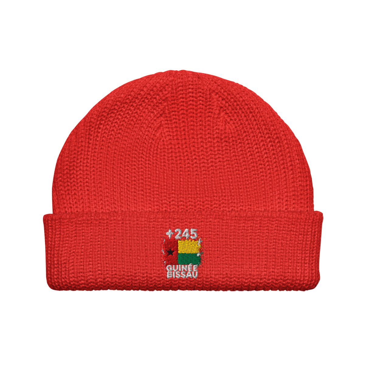 Bonnet Guinée-Bissau +245 rouge vue de face, drapeau bissau-guinéen brodé - Indicatif Fier