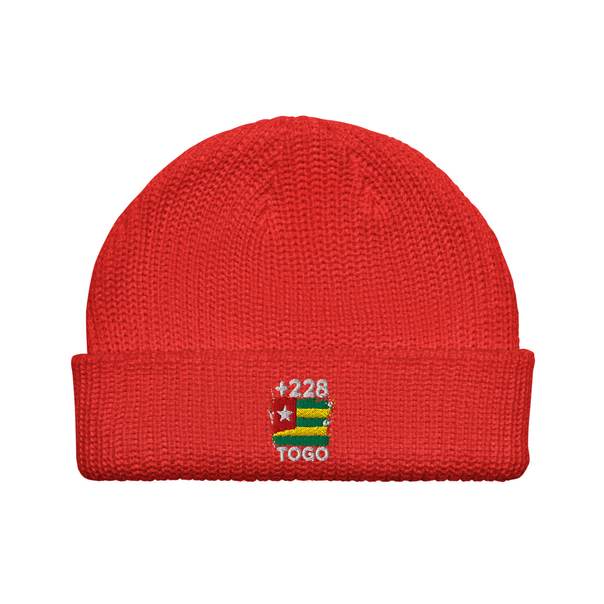 Bonnet Togo +228 rouge vue de face, drapeau togolais brodé - Indicatif Fier