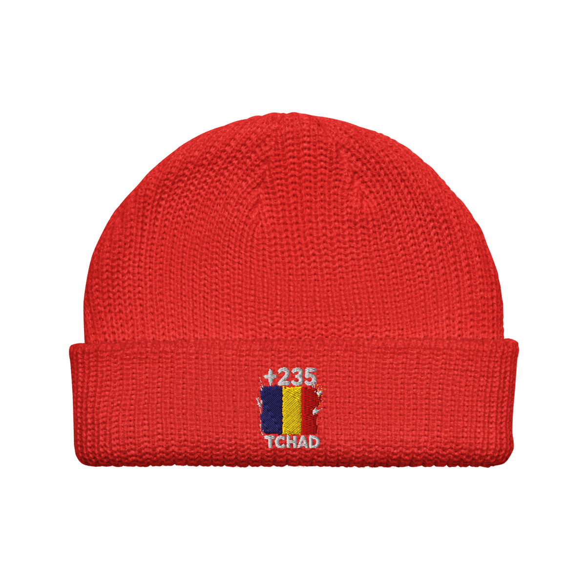 Bonnet Tchad +235 rouge vue de face, drapeau tchadien brodé - Indicatif Fier